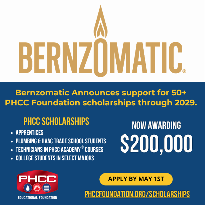 Bernzomatic logo and PHCC scholarship info